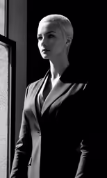 a woman in a suit and tie is looking outside of a window