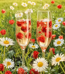 two wine glasses with strawberries are near flowers