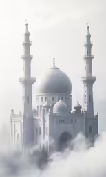 some very large towers with white spires in the clouds