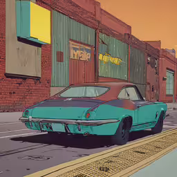 a car that is parked on the street,the green car is parked outside a brick building