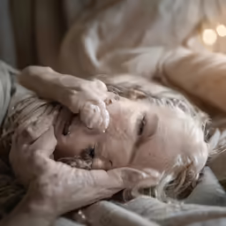 an old woman is lying on a bed