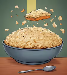 the bowl has cereal in it as it is being tossed with the bread,a dish with some food that is on top of a table