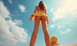 a girl standing in sand wearing a yellow top and bottom