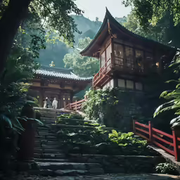 a japanese building surrounded by trees and greenery