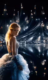 a woman in white dress sitting down with a large boat in the background