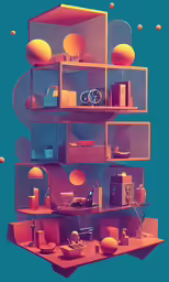 an artistic display case containing various objects and lights