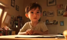young boy sitting at a desk writing on a paper