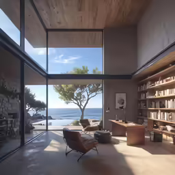 an indoor room with a tree and many books