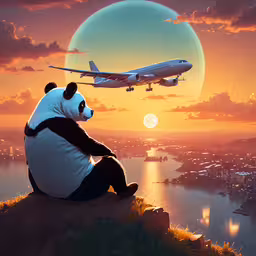the panda sitting on a cliff is looking at an airplane,a panda bear sitting next to a giant plane
