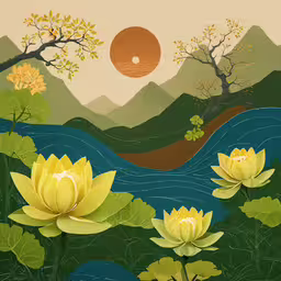 a painting with a lake and water lilies,a large painting with a lake in front of water lilies