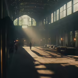 sunlight shining in a dark room onto the ground and inside a building