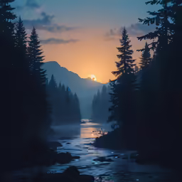a river flowing down a forest covered hillside at sunset