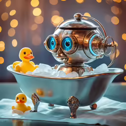 a toy with glasses, a robot in a bath tub with rubber ducks