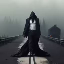 the man is walking down the road wearing a hood