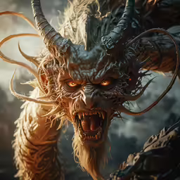 a demon with horns, demon eyes and long hair