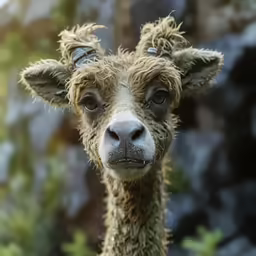 a sheep is dressed up and staring into the camera
