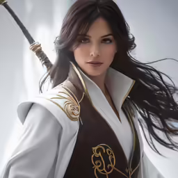 an asian woman wearing an armor and holding a sword