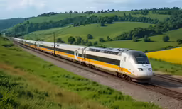 a train traveling down the tracks through a lush green field