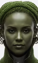 an alien woman is wearing a tie and a green sweater