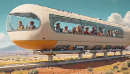 two trains on tracks with people traveling,a train full of people going over a bridge