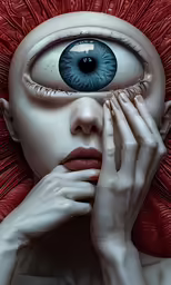 a woman with an enormous blue eye and red hair