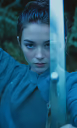 a young woman holds a large knife behind her