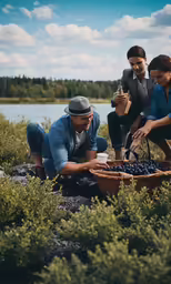 a group of people gathered together near a lake with a picnic
