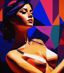 a woman in bikini is standing near a large colorful wall,a close up of a woman in bikini with colorful geometric background