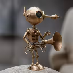 a golden mechanical robot figurine on a rock