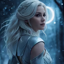a woman in white and silver armor standing in front of trees