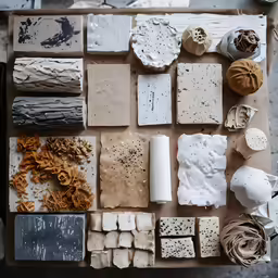a few small, large pieces of white and brown paper are laid out on a table