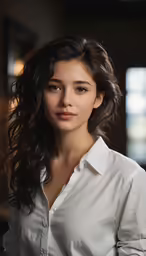 a woman with long hair is posing in a white shirt