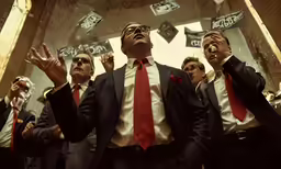 a man in a suit standing in a room with his hands out