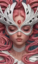 a woman in pink and white, wearing a face mask with her hair in long curls