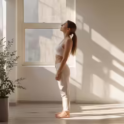 woman in white tight legging standing near window