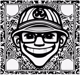 a black and white image with a baseball hat,a drawing of a man wearing a baseball hat