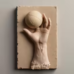 a sculpture made of clay and a ball is on a surface
