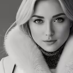 a woman in fur coat with a pen in her hand