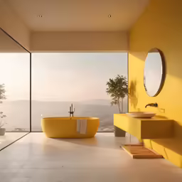a bathroom with a yellow tub and window