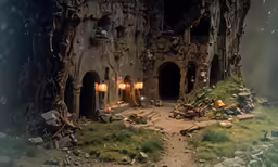 a dark cave is shown with lights in it