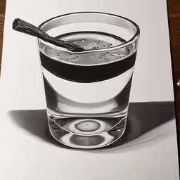 a black and white drawing of a drink with a spoon