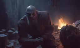 the evil man kneeling in front of the fireplace