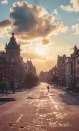a lone man riding his bike down the middle of a street