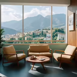 some chairs are set next to a couch by the large window