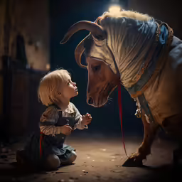 a little girl kneeling down by a very large fake goat