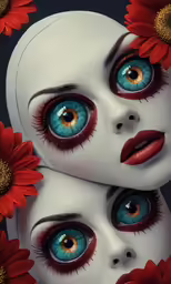 a painting of two young girls with flowers in their eyes