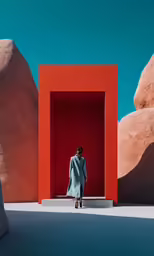 a woman in a blue coat is standing in front of a red sculpture