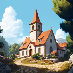 the painting shows a white church with orange roof