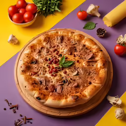 a pizza with mushrooms, tomatoes and basil on top