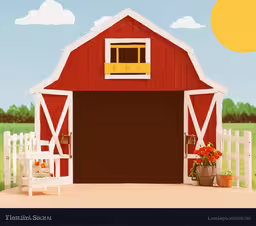 a painting of a red barn with white chairs,a painting of a red barn with sun on the roof